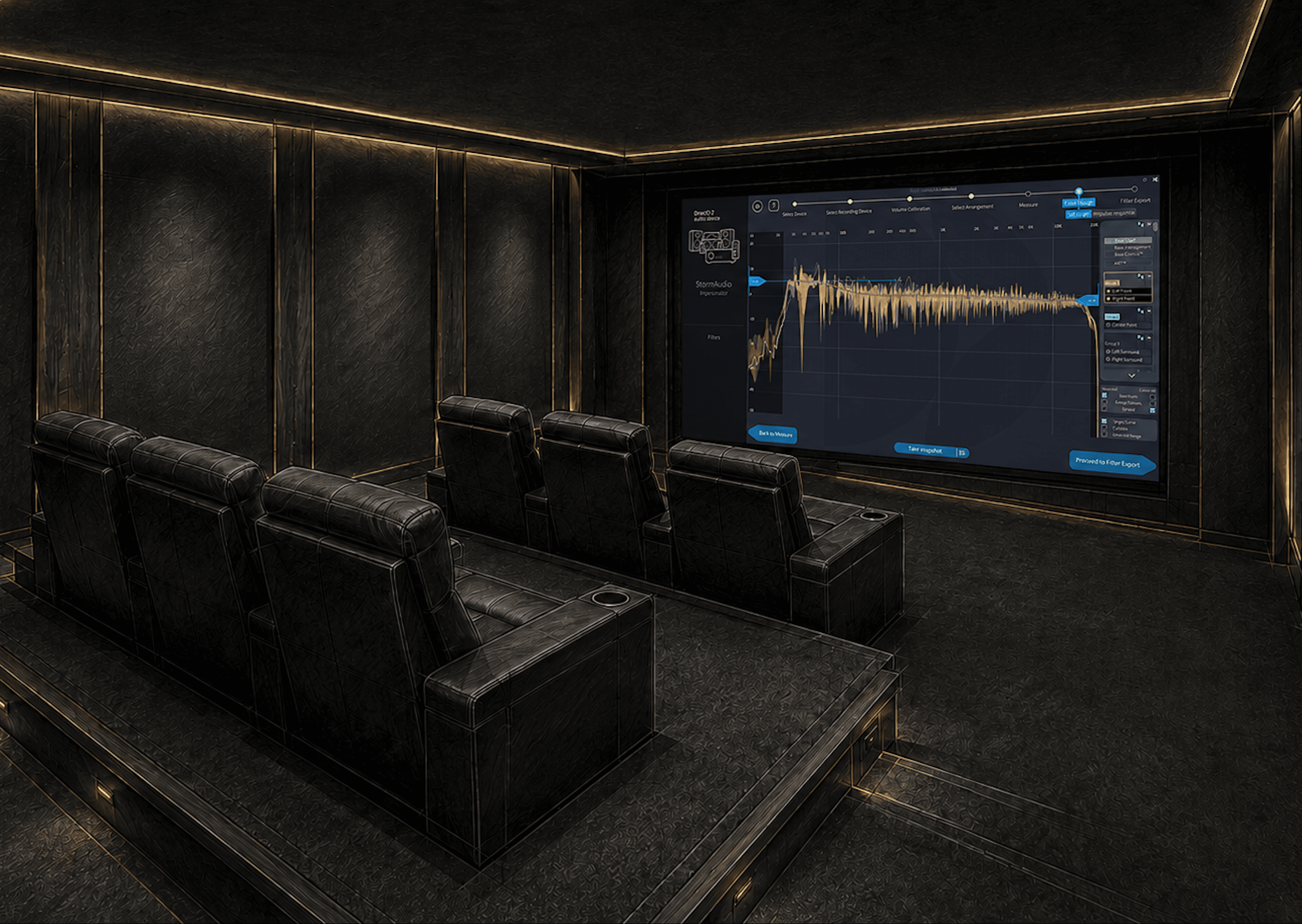 Домашний кинозал с интерфейсом измерений AudioCal на экране